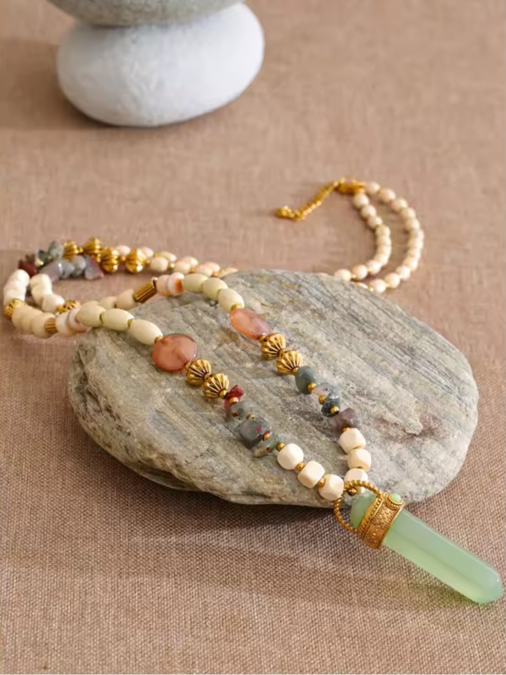 Green Jade Beaded Artisan Long Necklace - Picture 5 of 15